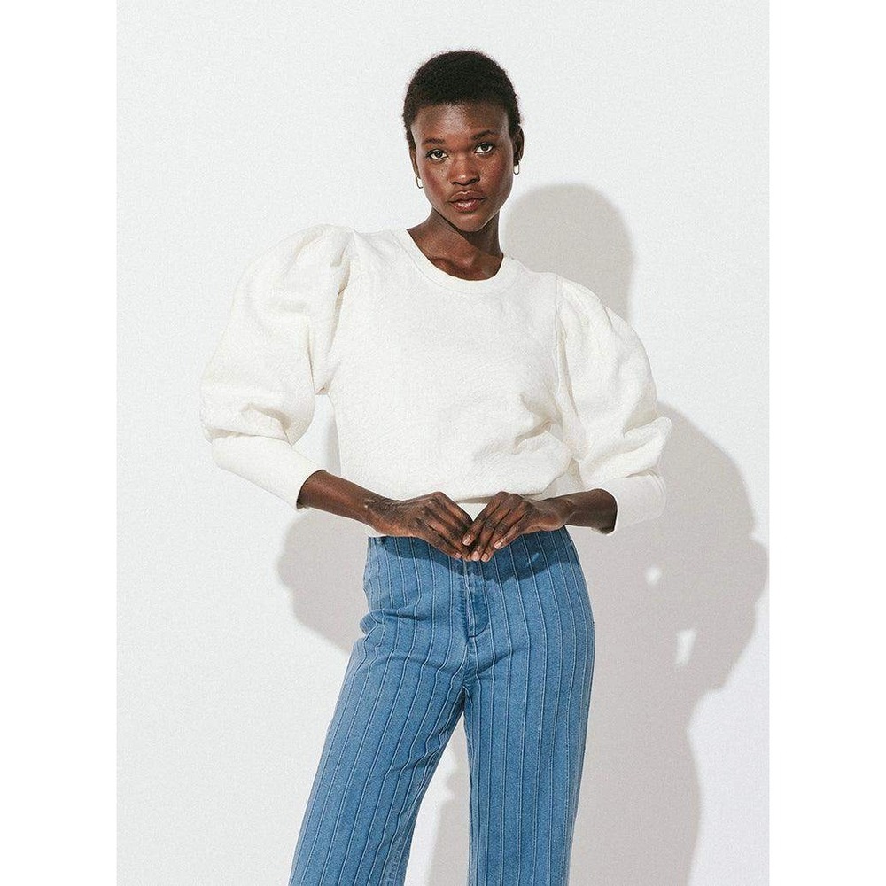 Cleobella Dayna Quilted Puff Sleeve Pullover Sweatshirt Ivory Women's Size Med